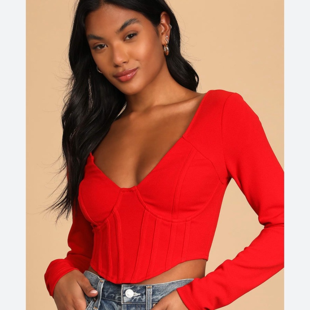 LULU’S Red Long Sleeve Bustier Crop Top Medium Corset Style Back Zip Fitted
